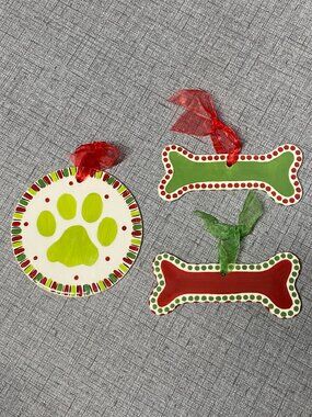 RARE RETIRED M. Bagwell Ceramic 3pc Pet Set Christmas Ornament with Ribbon NOS